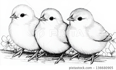 Cute Birds Wait on a Branch Surrounded by Flowers in a Spring Coloring Page for Kids and Adults Cute Birds Wait on a Branch Surrounded by Flowers in a Spring Coloring Page for Kids and Adults 136680905