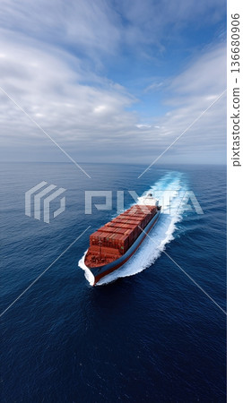 Container Ship Sails Across Open Ocean Under Cloudy Sky With Wake Trailing Behind Container Ship Sails Across Open Ocean Under Cloudy Sky With Wake Trailing Behind 136680906