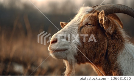 Close up portrait of goat in warm sunset light 136681030