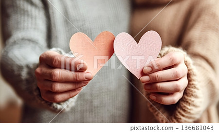 Couple holding paper hearts symbolizing love and relationship 136681043