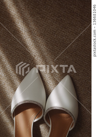 Pair of white pointed-toe women's shoes with silver trim on brown textured carpet Pair of white pointed-toe women's shoes with silver trim on brown textured carpet 136681046