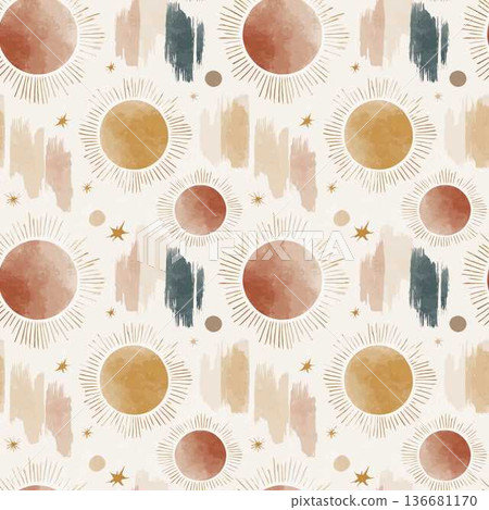Seamless Pattern Boho Celestial Design with Dusty Olive Suns and Cosmic Elements in Earthy Tones 136681170