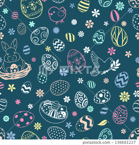 Easter eggs and flowers on blue. Easter eggs and flowers on blue. 136681227