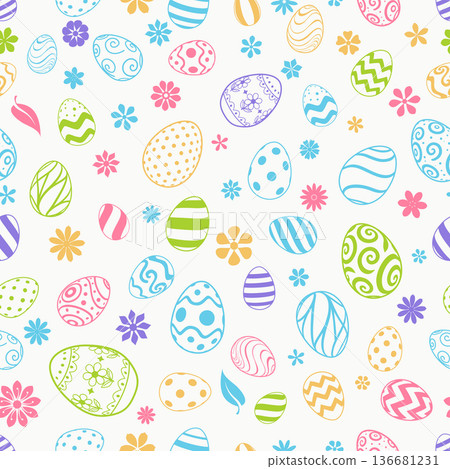 Easter eggs and flowers pattern. 136681231