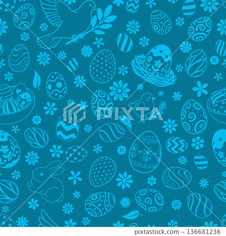 Easter eggs and bunnies on blue. 136681236