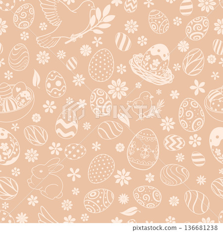 Easter eggs and flowers on peach. 136681238