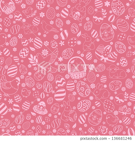Easter eggs and bunnies on pink. Easter eggs and bunnies on pink. 136681246