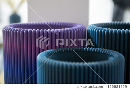 Art form printed on 3D printer from plastic. Art shape made using 3D printing from filament. Additive manufacturing. Layer-by-layer application of material. 3D printing technologies. FDM technology Art form printed on 3D printer from plastic. Art shape made using 3D printing from filament. Additive manufacturing. Layer-by-layer application of material. 3D printing technologies. FDM technology 136681339