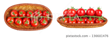 Cherry tomato bunch in a wicker basket isolated on white background. Top view. Flat lay 136681476