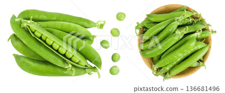 Fresh green pea pod with beans in wooden bowl isolated on white background. Top view. Flat lay Fresh green pea pod with beans in wooden bowl isolated on white background. Top view. Flat lay 136681496