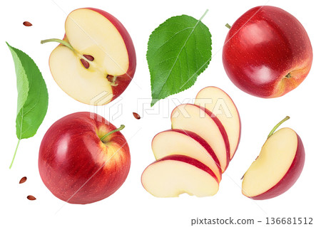 Red apple with slices isolated on white background. Top view. Flat lay with copy space for your text 136681512