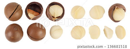 macadamia nuts isolated on white background with full depth of field. Top view. Flat lay. Set or collection macadamia nuts isolated on white background with full depth of field. Top view. Flat lay. Set or collection 136681518