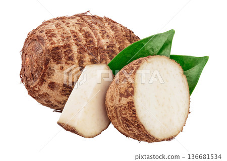 fresh taro root half with leaf isolated on white background fresh taro root half with leaf isolated on white background 136681534