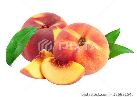 Ripe peach fruit and slice with leaf isolated on white background 136681543