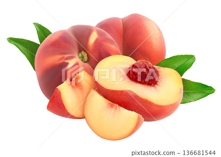 half and slice of ripe chinese flat peach with leaf isolated on white background 136681544