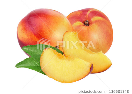 Half nectarine fruit with leaf isolated on white background cutout Half nectarine fruit with leaf isolated on white background cutout 136681548