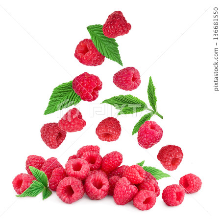 Ripe raspberries with leaf isolated on a white background Ripe raspberries with leaf isolated on a white background 136681550