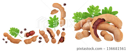 Tamarind fruit with leaf and seed isolated on white background with copy space for your text. Top view. Flat lay 136681561