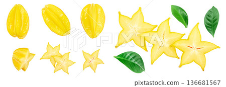 Carambola or star-fruit isolated on white background. Top view. Flat lay. Set or collection Carambola or star-fruit isolated on white background. Top view. Flat lay. Set or collection 136681567