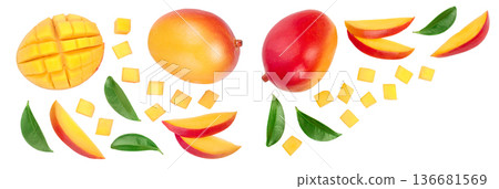 Mango fruit half with slices isolated on white background. Set or collection. Top view. Flat lay Mango fruit half with slices isolated on white background. Set or collection. Top view. Flat lay 136681569