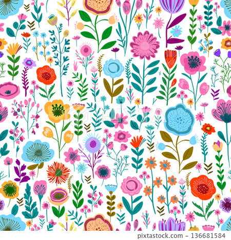 Seamless pattern beautiful simple flowers. Small colorful flowers. hand drawn. Not AI. Vector illustration 136681584