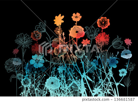 colorful abstract flower on a black background. Floral abstraction rainbow. hand drawn. Not AI, Vector illustration colorful abstract flower on a black background. Floral abstraction rainbow. hand drawn. Not AI, Vector illustration 136681587