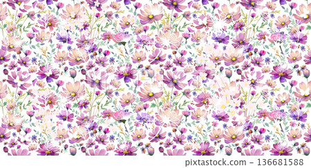 Hand drawn purple cosmos flower seamless pattern. Exotic floral pattern design for fabric, textiles, clothing. Seamless background with purple cosmos flowers. Not AI, Vector illustration Hand drawn purple cosmos flower seamless pattern. Exotic floral pattern design for fabric, textiles, clothing. Seamless background with purple cosmos flowers. Not AI, Vector illustration 136681588