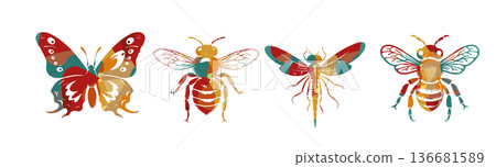 A set of different colored insects. Hand drawn. Not AI, vector illustration. 136681589