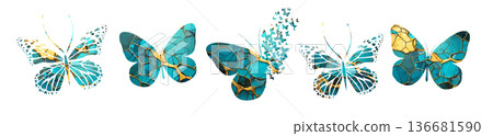 A set of beautiful blue and gold butterflies . Hand drawn. Not AI, vector illustration. A set of beautiful blue and gold butterflies . Hand drawn. Not AI, vector illustration. 136681590
