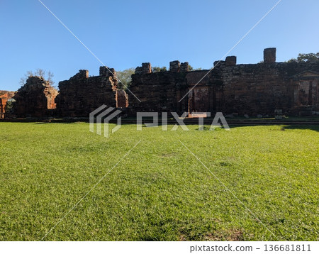 Missions, San Ignacio, Argentina - June 23, 2025: Ruins of the Jesuit Mission of San Ignacio Mini do Guaranisi. Remains of the mission buildings. UNESCO World Heritage Site. Missions, San Ignacio, Argentina - June 23, 2025: Ruins of the Jesuit Mission of San Ignacio Mini do Guaranisi. Remains of the mission buildings. UNESCO World Heritage Site. 136681811