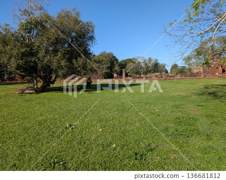 Misiones, San Ignacio, Argentina - June 23, 2025: The ruins of the Jesuit mission of San Ignacio Mini do Guaranisi date back to 1632 and are an important historical site of the region. Misiones, San Ignacio, Argentina - June 23, 2025: The ruins of the Jesuit mission of San Ignacio Mini do Guaranisi date back to 1632 and are an important historical site of the region. 136681812