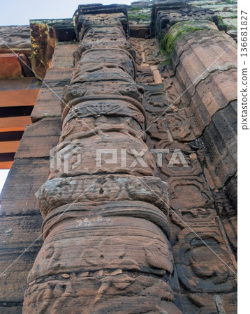 Misiones, San Ignacio, Argentina - June 23, 2025: Ruins of the Jesuit Mission of San Ignacio Mini do Guaranisi. Details of the columns. UNESCO World Heritage Site, South America. Misiones, San Ignacio, Argentina - June 23, 2025: Ruins of the Jesuit Mission of San Ignacio Mini do Guaranisi. Details of the columns. UNESCO World Heritage Site, South America. 136681827