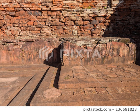 Misiones, San Ignacio, Argentina - June 23, 2025: Ruins of the Jesuit mission of San Ignacio Mini do Guaranisi. Inside the remains of the buildings. Misiones, San Ignacio, Argentina - June 23, 2025: Ruins of the Jesuit mission of San Ignacio Mini do Guaranisi. Inside the remains of the buildings. 136681828