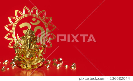 Golden Ganesha with Om Symbol on Red 3d render. Golden Ganesha with Om Symbol on Red 3d render. 136682044
