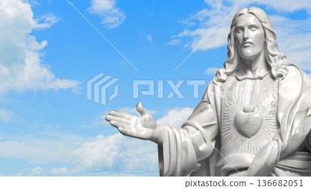 Sacred Heart Jesus Statue Against Blue Sky 3d render. Sacred Heart Jesus Statue Against Blue Sky 3d render. 136682051