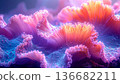 Abstract macro illustration of glowing neon coral textures with vibrant fluid ripples and fine details. 136682211