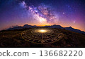 Mystical silhouette standing on a glowing zodiac wheel under a vibrant milky way and starry night sky. 136682220