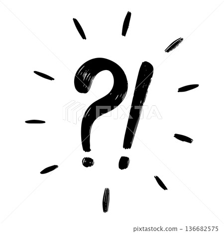 Hand drawn interrobang symbol, question mark and exclamation mark brush stroke illustration on white background. Hand drawn interrobang symbol, question mark and exclamation mark brush stroke illustration on white background. 136682575