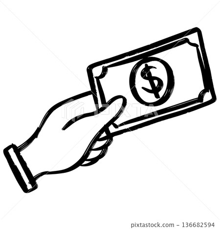 Hand Holding Dollar Banknote Icon Illustration in Sketch Style 136682594