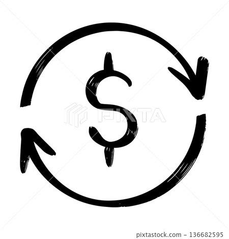Hand drawn dollar sign with circular arrows icon, money circulation and financial exchange concept. Hand drawn dollar sign with circular arrows icon, money circulation and financial exchange concept. 136682595