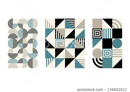 Set of three abstract geometric posters in Scandinavian style with minimalist shapes and lines. Eps 10 Set of three abstract geometric posters in Scandinavian style with minimalist shapes and lines. Eps 10 136682612