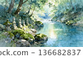 A small Jizo statue in a valley with a clear stream 136682837