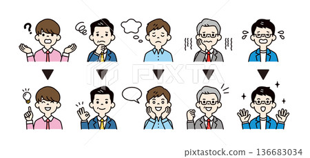 一套圖示插圖素材,包含不同年齡層商人解決問題時的臉部表情和姿勢。 一套圖示插圖素材,包含不同年齡層商人解決問題時的臉部表情和姿勢。 136683034