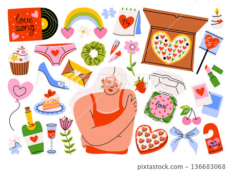 Cartoon set of romantic stickers and illustration for Valentine's Day, celebrating, weddings, feasts. Self-love, infatuation, passion. Cute girl and girly items, heart, cupcake, love letter, lipstick. Cartoon set of romantic stickers and illustration for Valentine's Day, celebrating, weddings, feasts. Self-love, infatuation, passion. Cute girl and girly items, heart, cupcake, love letter, lipstick. 136683068
