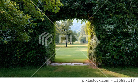 A stone and ivy hedge archway creates a natural frame, opening onto a serene, sunlit meadow. Golden light illuminates the lush green landscape, evoking a sense of peace, magic, and new beginnings. 136683117
