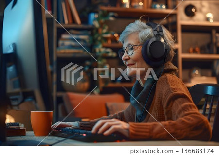 senior woman using a modern desktop computer senior woman using a modern desktop computer 136683174