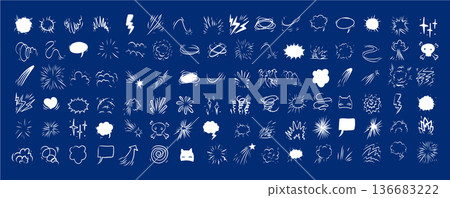 Comic effect manga elements set with white line icons on blue background. Glowing doodle bursts, clouds, motion Comic effect manga elements set with white line icons on blue background. Glowing doodle bursts, clouds, motion 136683222
