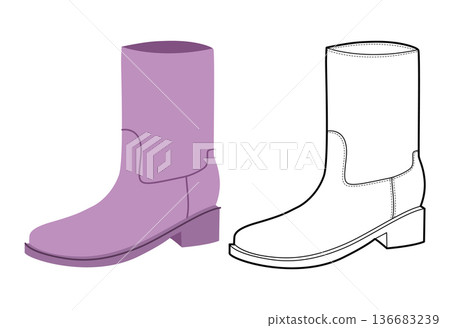 Purple ankle boot women color plus line set. Straight shaft mid heel boot for fashion guide chart and branding project 136683239