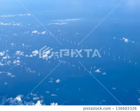 View of the Zhunan Wind Farm from the plane before landing at Taipei Airport, Taiwan 136683326