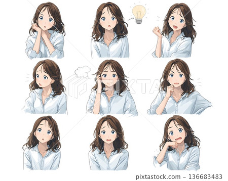 Set of facial expressions of a worried young woman, manga-style illustration, white background 136683483